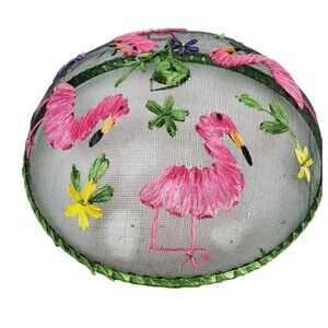 Vintage 60s Domed Embroidered Mesh Raffia Flamingos Round Food Cover